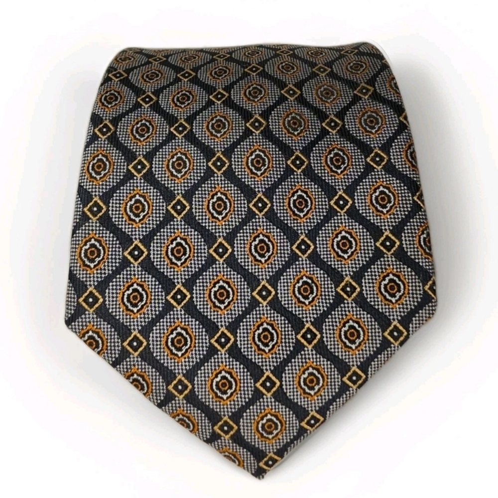 Vintage Geometric Silk Tie Gray Gold & Rust Medallion Pattern 60” x 3” Handmade